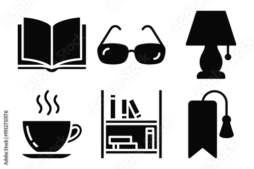 Relaxing and reading icons: open book, reading glasses, table lamp, coffee cup, bookshelf, bookmark