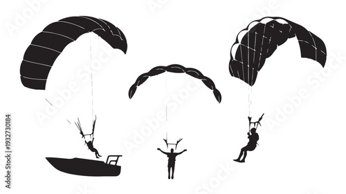 Paragliders in various poses with black silhouettes against white background for adventure sports