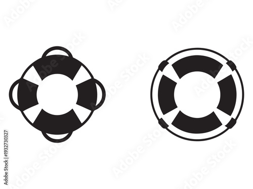 Lifebuoys in black and white with handles on a white background for safety and rescue concepts  nautical symbols