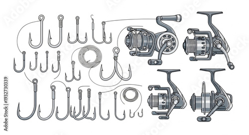 Fishing gear assortment - hooks, reels, and lines, essential for angling activities.