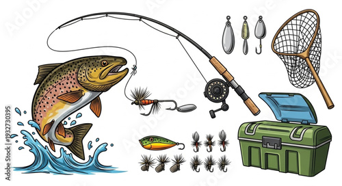 Fishing equipment illustration with a jumping fish, ready for angling adventure.