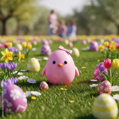 Adorable pink Easter chick standing in vibrant spring garden with colorful eggs