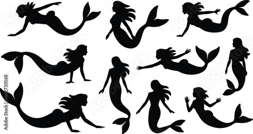 Black mermaid silhouettes illustration, fantasy sea icons, mythical aquatic characters, graceful swimming poses, folklore artwork, ocean mythology design, mystical underwater creature graphics