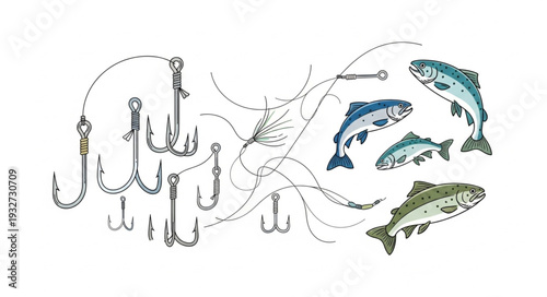 Fishing gear and fish illustration, showcasing hooks, lines, and aquatic creatures in a detailed drawing.
