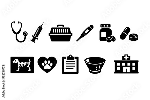 Veterinary clinic silhouette icon set. Animal health, pet care, medical icons collection