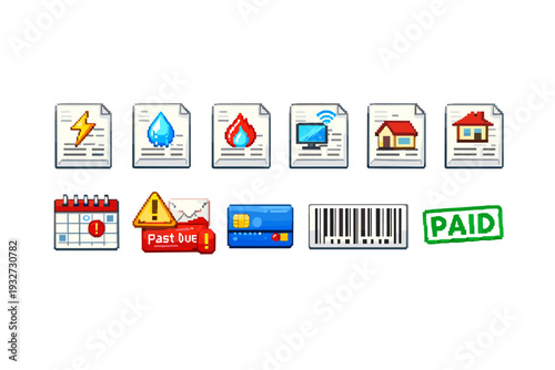 Business and finance flat icon set. Payment, invoice, alert, file management icons.