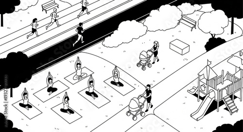 People practicing yoga and enjoying leisure time in the park outdoors.