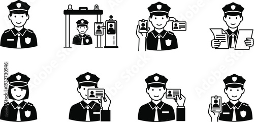 Police officer ID verification icon set, law enforcement security check with identification card control vector illustration