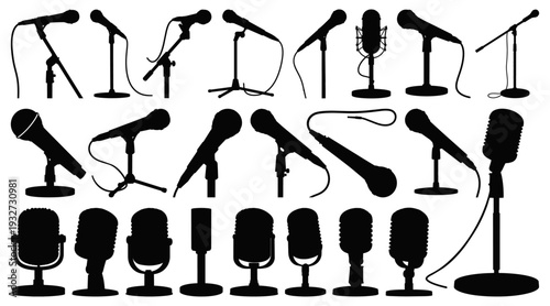 Professional Microphone Silhouette - Handheld, Studio and Vintage Audio Equipment Set Isolated on Transparent Background