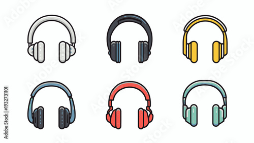 Collection of vibrant flat vector headphone icons in various colors for modern audio and music technology concepts and digital applications