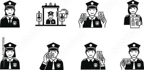 Police officer identification check icons set, security control concept with ID card verification, law enforcement vector illustration