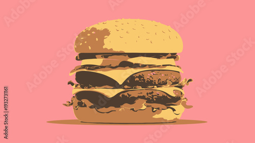 Vibrant Retro Style Double Patty Cheeseburger Illustration on Pink Background with Bold Graphic Shapes and Clear Outline, Delicious Fast Food Concept