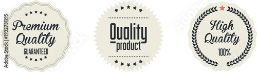 Three quality seals on a white background for product assurance