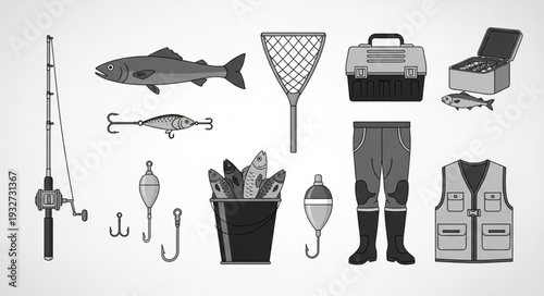 Fishing equipment illustration, showing various tools and items for angling activities.