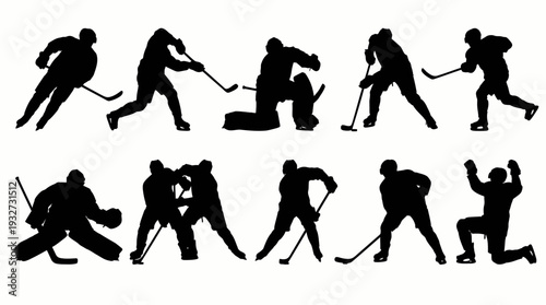 Dynamic Ice Hockey Vector Silhouettes and Illustrations | Black and White Hockey Vector Players, Goalie, Skating, Shooting, Celebrating, Victory Emblem, Sports Clipart Design Assets