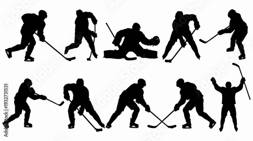 Dynamic Ice Hockey Vector Silhouettes and Illustrations | Black and White Hockey Vector Players, Goalie, Skating, Shooting, Celebrating, Victory Emblem, Sports Clipart Design Assets
