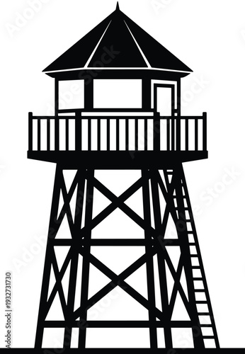 Wooden watchtower silhouette with ladder and balcony, security observation tower illustration isolated on light background for design