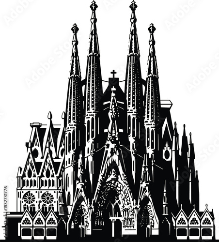 Gothic cathedral silhouette with ornate spires and detailed facade, historic European church architecture illustration isolated on light background