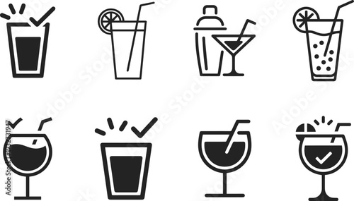 Collection of 8 black and white icons representing alcoholic and non-alcoholic beverages and bar equipment.