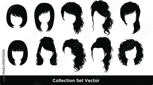 Female Hairstyles Silhouettes Collection Set Vector Illustration in Black and White for Graphic Design