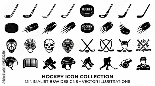 Hockey Vector Icon Set | Black and White Hockey Sticks, Pucks, Goalie Masks, Motion Effects, Sports Equipment Clipart, Ice Hockey Logo and Graphic Design Assets