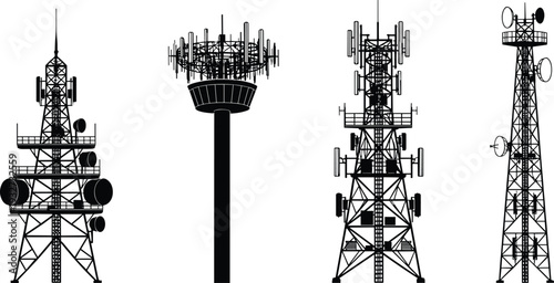 Telecommunication towers silhouette set with antennas and satellite dishes, wireless network transmission masts isolated on light background illustration
