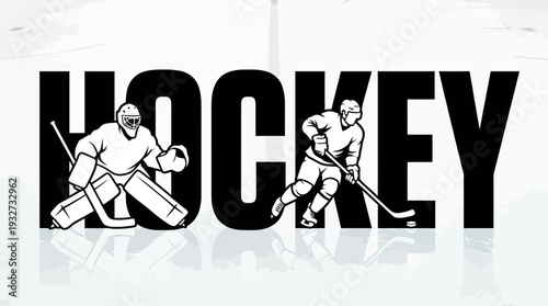 Hockey Typography Vector Illustration | Bold Text with Goalie and Player Figures | Black and White Ice Hockey Vector Clipart, Sports Logo, Dynamic Graphic Design Assets