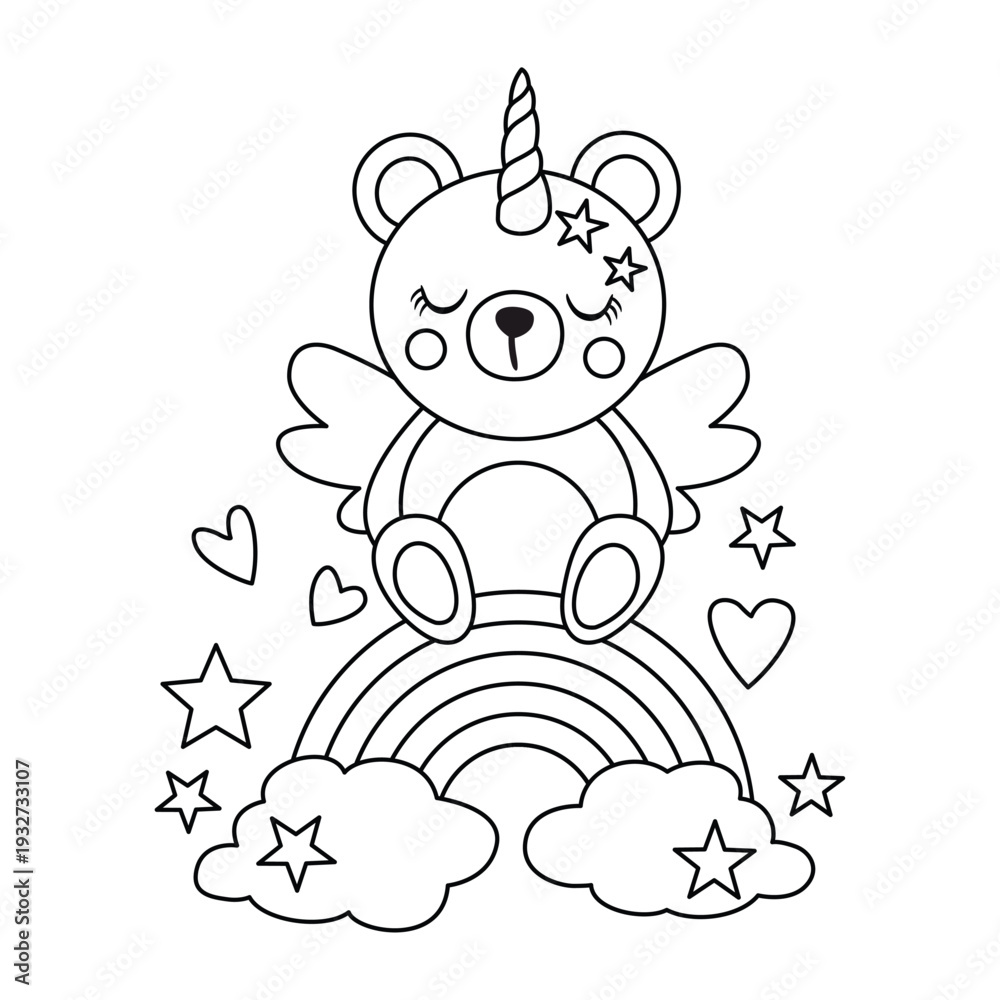 Obraz premium Cute Magic Bear Sitting On A Rainbow Over Clouds
