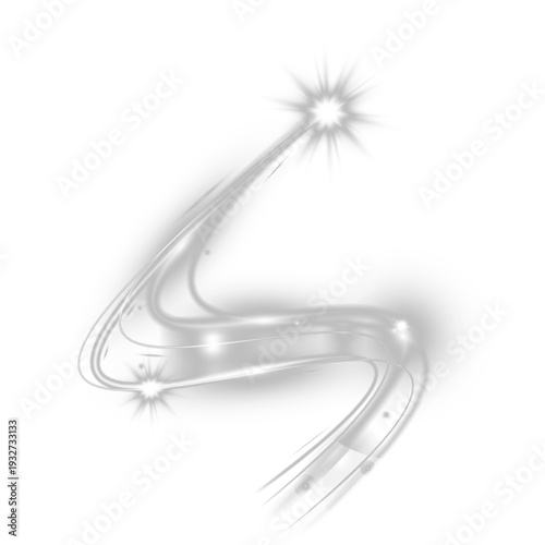 Glowing White Light Streak Swirl with Starburst Highlights and Dynamic Motion Effect on Transparent Background