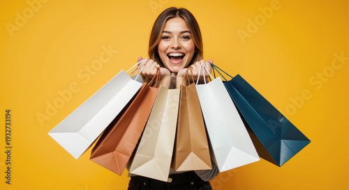 Happy Young Woman with Shopping Bags on Yellow Background for Retail Marketing, Sales Promotion and Shopping Concept Visuals