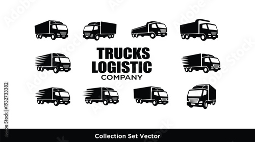 Trucks Logistic Company Silhouettes in Modern Minimalist Style with Black and White Color Scheme in Vector Format for Branding