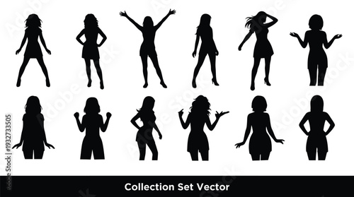 Silhouette of dancing women in various poses with dynamic movements in black on white background for graphic design