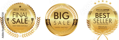 Golden sale and best seller badges on white background