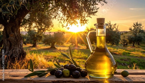 Olives and olive oil in a bottle. Olives and olive oil in a bottle on the background of the evening olive grove