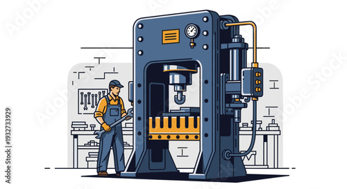 Illustration shows a mechanic holding wrench beside a large hydraulic press in a workshop, showcasing industrial machinery maintenance and skilled labor with a clean graphic style.