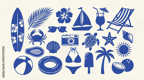 Summer beach vacation icon set in bold blue silhouette style, surfboards, palm trees, cocktails, seashells, and sunglasses