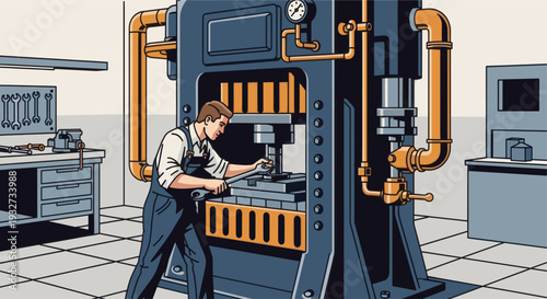 Illustrated worker adjusting a large metal stamping machine with a wrench in a factory, with pipes and tools in the background, conveying a sense of precision and industry.