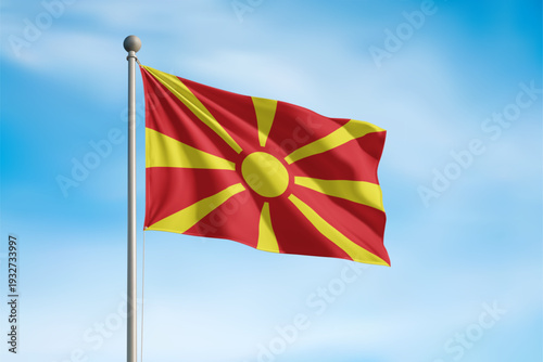 North Macedonia National Flag Waving In Wind
