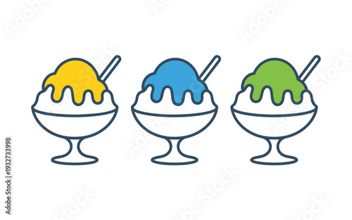 Colorful shaved ice desserts with spoons in a row white background sweet frozen