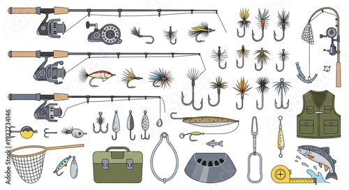 Fishing gear assortment with rods, reels, hooks, and accessories for angling.