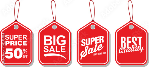 Four red sale tags with different promotional phrases
