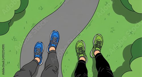 Two pairs of feet wearing athletic shoes walking on a path.