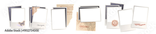Realistic photo frame set, vector isolated paper picture border retro memory scrapbook sticker decor. Square empty transparent film blank, camera shot background design. Romantic love old photo frame