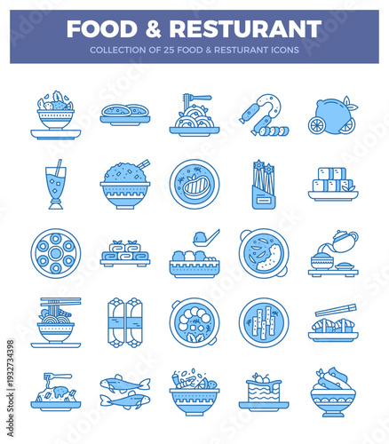 Food and restaurant icon collection with blue line art.