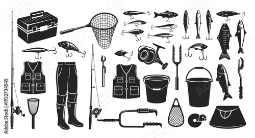 Collection of fishing equipment and accessories for recreational angling activities.