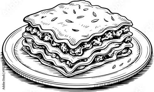 Hand Drawn Black and White Lasagna Slice a Plate food italian