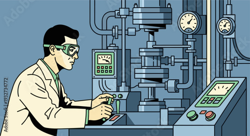 Illustration of a scientist in lab coat and goggles operating industrial machine, with gauges and controls, on a blue background, suitable for science, technology, or manufacturing concepts.