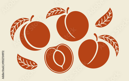 Stylized terracotta peaches and leaves arranged a light cream background simple flat