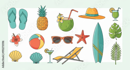 Collection of summer vacation items, including beach accessories and tropical fruits.