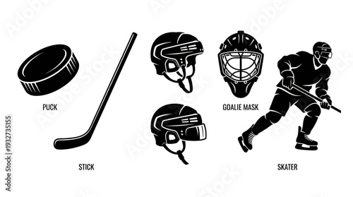 Hockey Vector Icon Set | Black and White Hockey Sticks, Pucks, Goalie Masks, Motion Effects, Sports Equipment Clipart, Ice Hockey Logo and Graphic Design Assets
